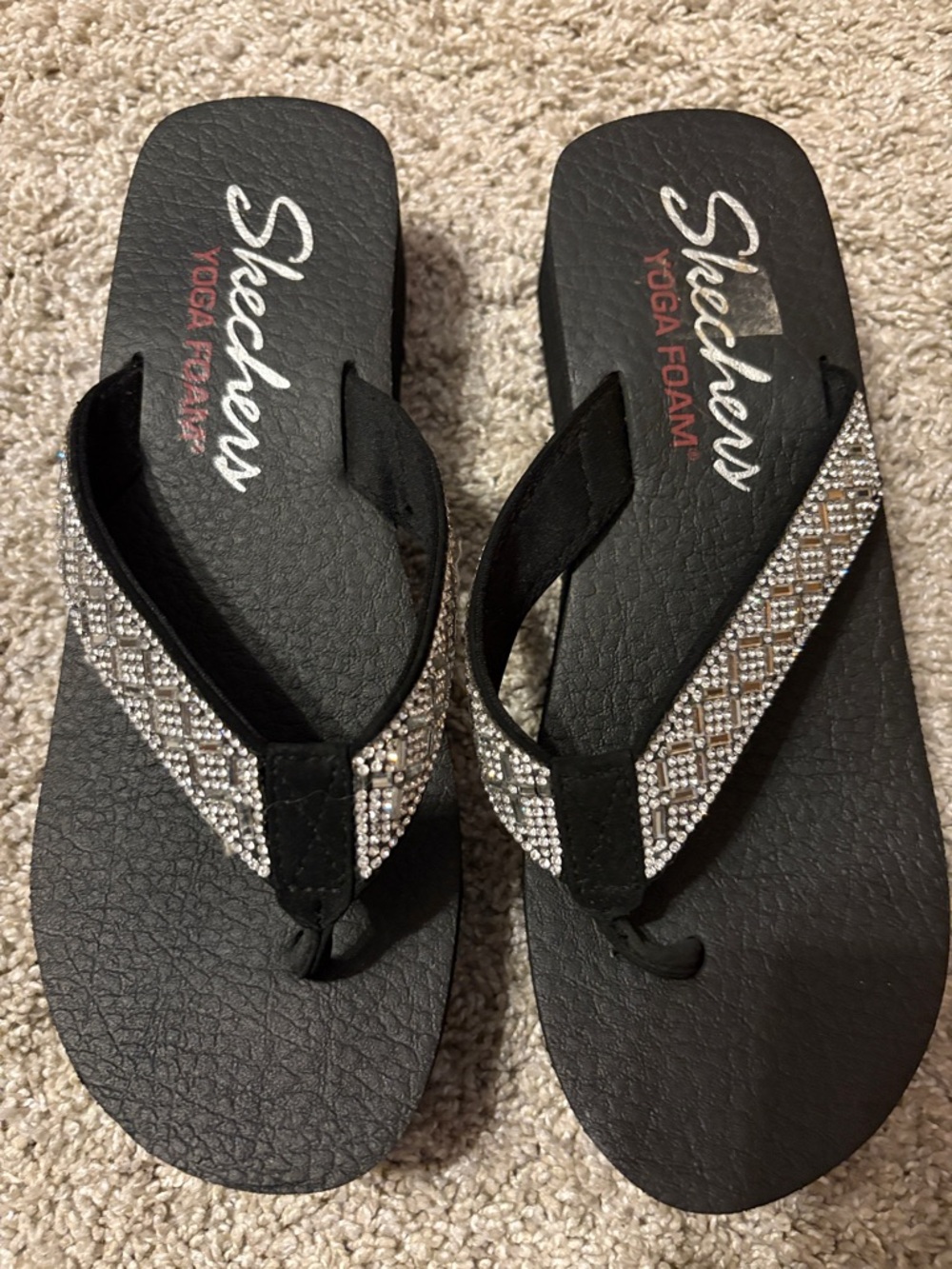 Skechers Women’s Black Flip Flops with Silver Rhinestone Straps